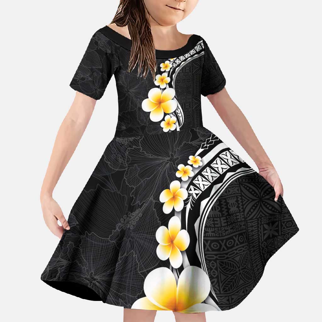 Pacific Hibiscus and Plumeria with Tapa Pattern Family Matching Short Sleeve Bodycon Dress and Hawaiian Shirt Black Color LT03 Daughter's Dress Black - Polynesian Pride
