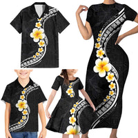 Pacific Hibiscus and Plumeria with Tapa Pattern Family Matching Short Sleeve Bodycon Dress and Hawaiian Shirt Black Color LT03 - Polynesian Pride