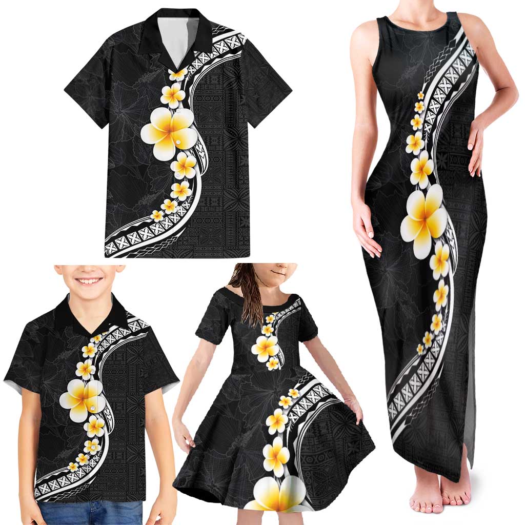 Pacific Hibiscus and Plumeria with Tapa Pattern Family Matching Tank Maxi Dress and Hawaiian Shirt Black Color LT03 - Polynesian Pride