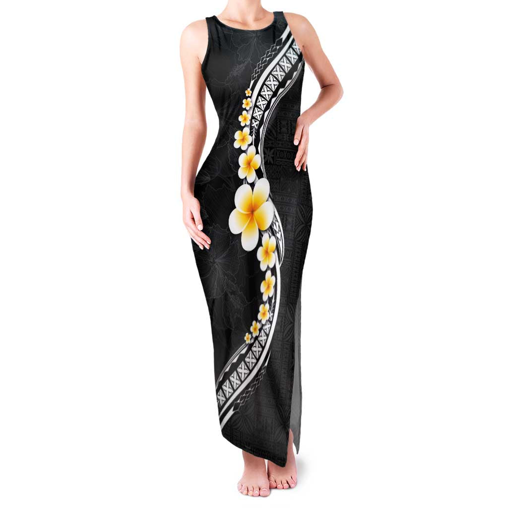 Pacific Hibiscus and Plumeria with Tapa Pattern Family Matching Tank Maxi Dress and Hawaiian Shirt Black Color LT03 Mom's Dress Black - Polynesian Pride