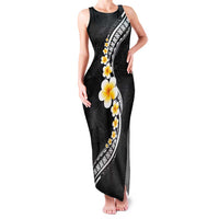 Pacific Hibiscus and Plumeria with Tapa Pattern Family Matching Tank Maxi Dress and Hawaiian Shirt Black Color LT03 Mom's Dress Black - Polynesian Pride