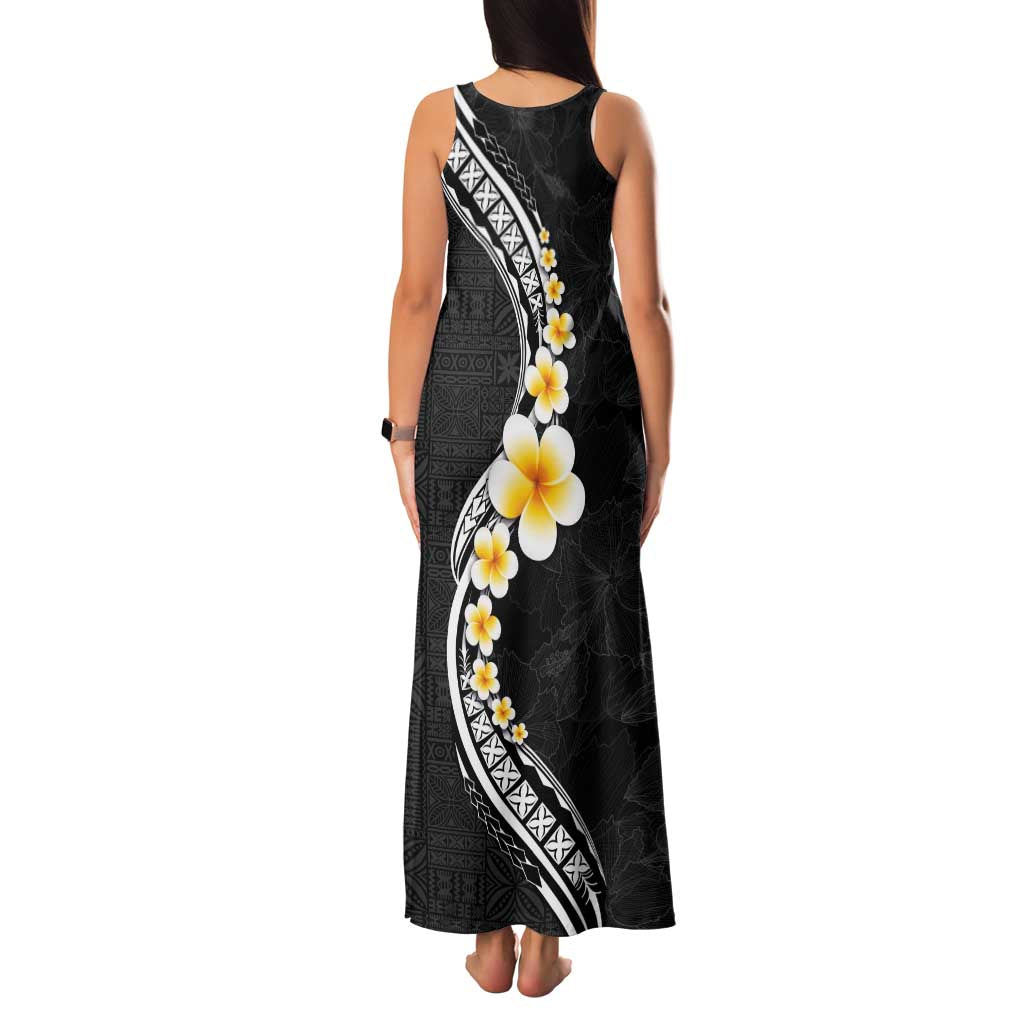 Pacific Hibiscus and Plumeria with Tapa Pattern Family Matching Tank Maxi Dress and Hawaiian Shirt Black Color LT03 - Polynesian Pride