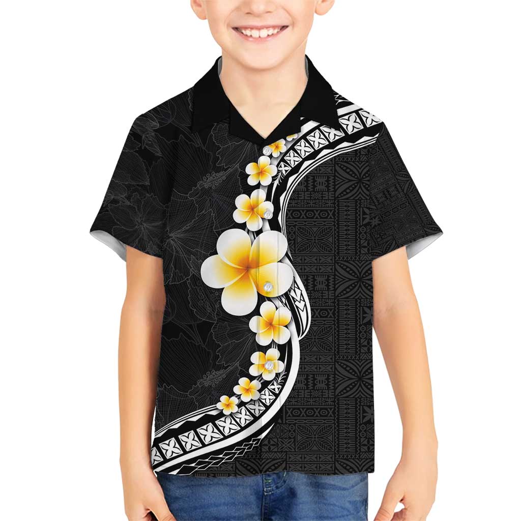 Pacific Hibiscus and Plumeria with Tapa Pattern Family Matching Tank Maxi Dress and Hawaiian Shirt Black Color LT03 Son's Shirt Black - Polynesian Pride