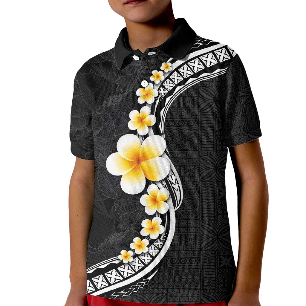 Pacific Hibiscus and Plumeria with Tapa Pattern Kid Polo Shirt Black Color