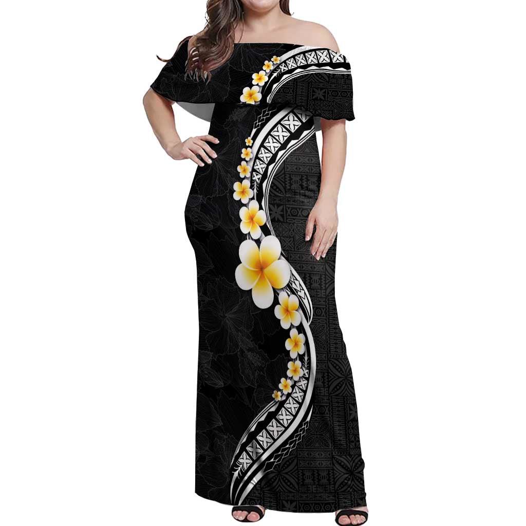 Pacific Hibiscus and Plumeria with Tapa Pattern Off Shoulder Maxi Dress Black Color