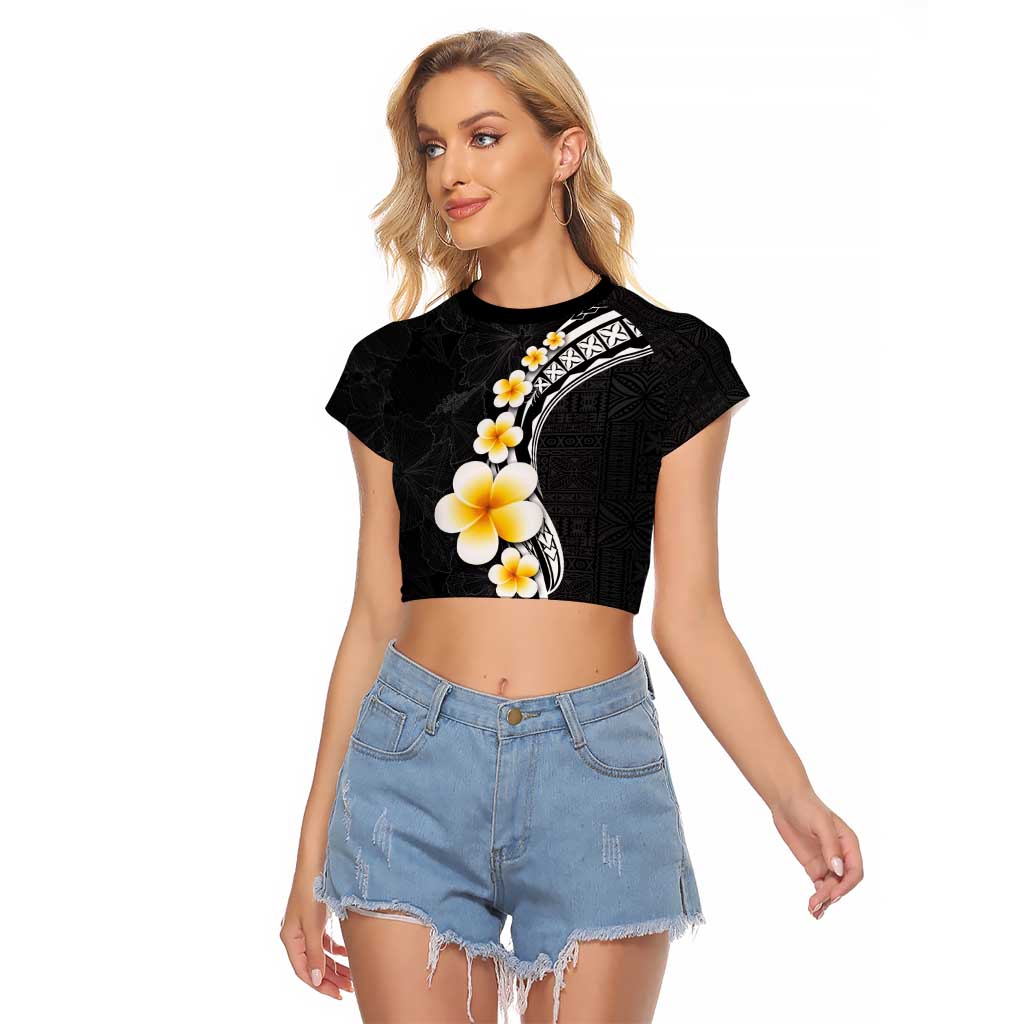 Pacific Hibiscus and Plumeria with Tapa Pattern Raglan Cropped T Shirt Black Color