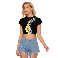 Pacific Hibiscus and Plumeria with Tapa Pattern Raglan Cropped T Shirt Black Color