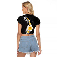 Pacific Hibiscus and Plumeria with Tapa Pattern Raglan Cropped T Shirt Black Color