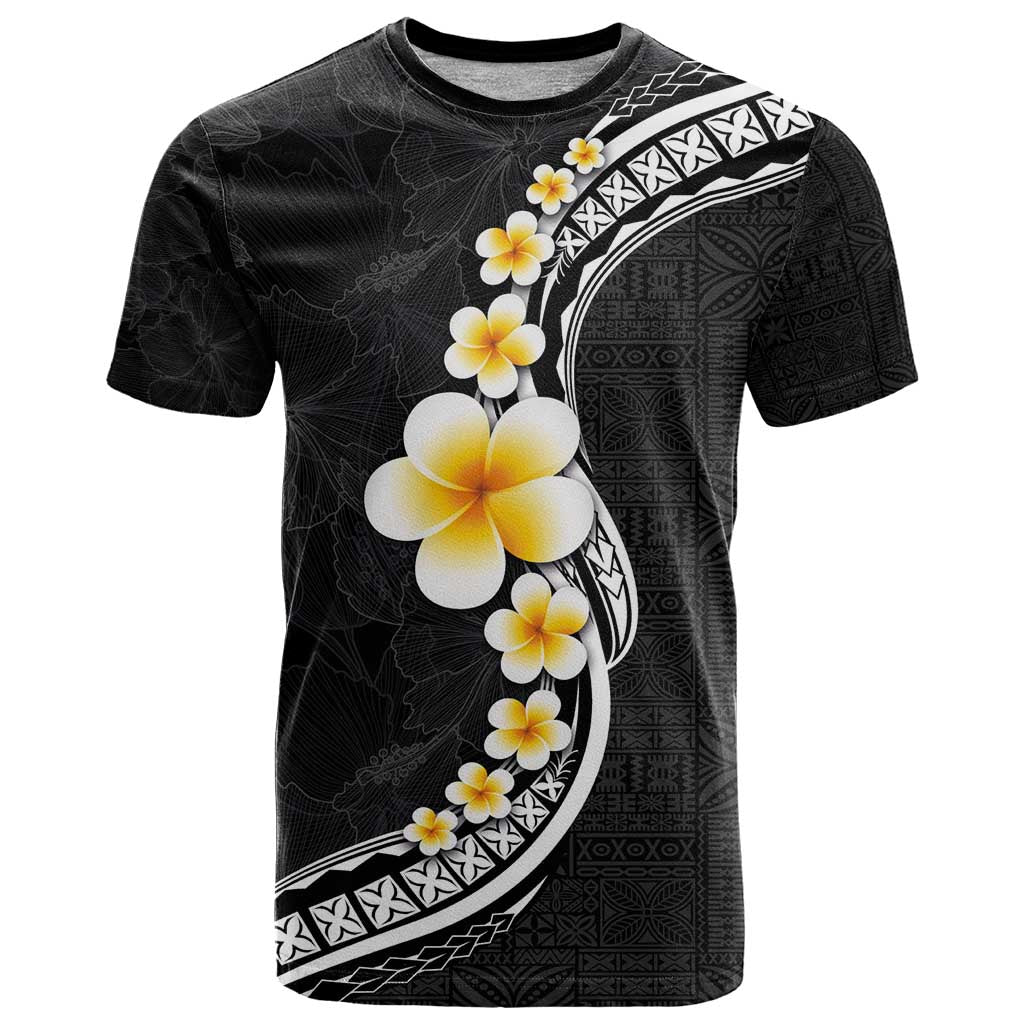 Pacific Hibiscus and Plumeria with Tapa Pattern T Shirt Black Color