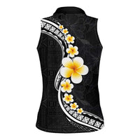 Pacific Hibiscus and Plumeria with Tapa Pattern Women Sleeveless Polo Shirt Black Color