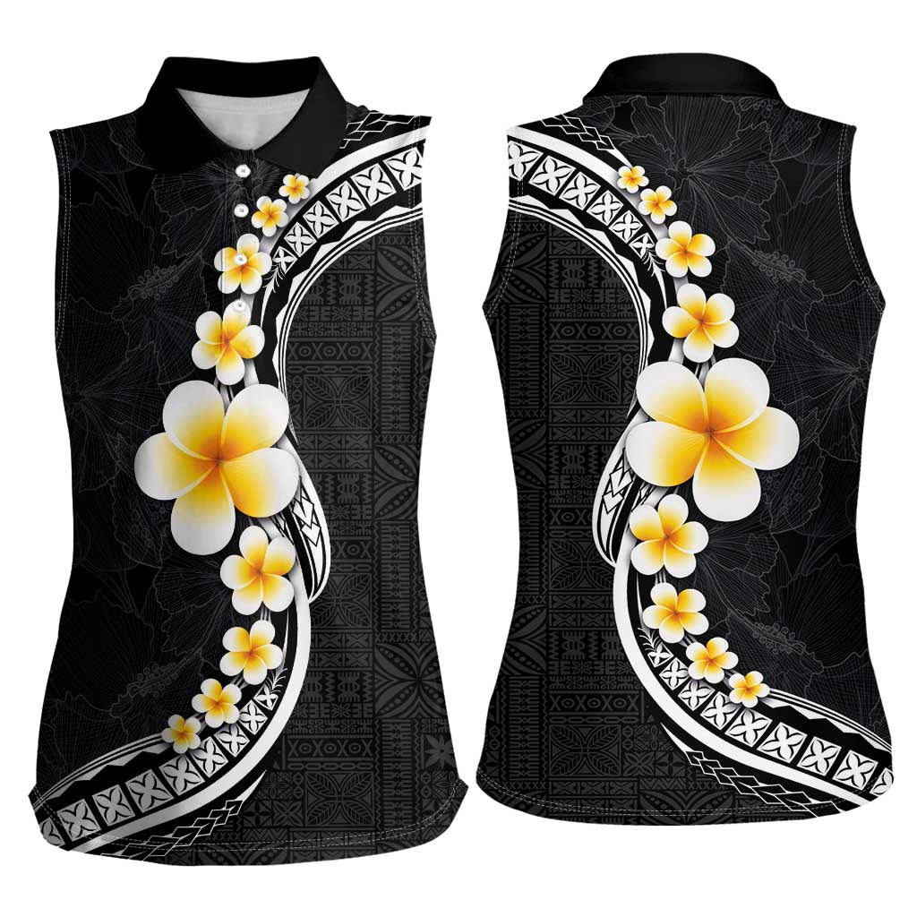 Pacific Hibiscus and Plumeria with Tapa Pattern Women Sleeveless Polo Shirt Black Color
