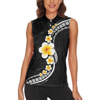 Pacific Hibiscus and Plumeria with Tapa Pattern Women Sleeveless Polo Shirt Black Color