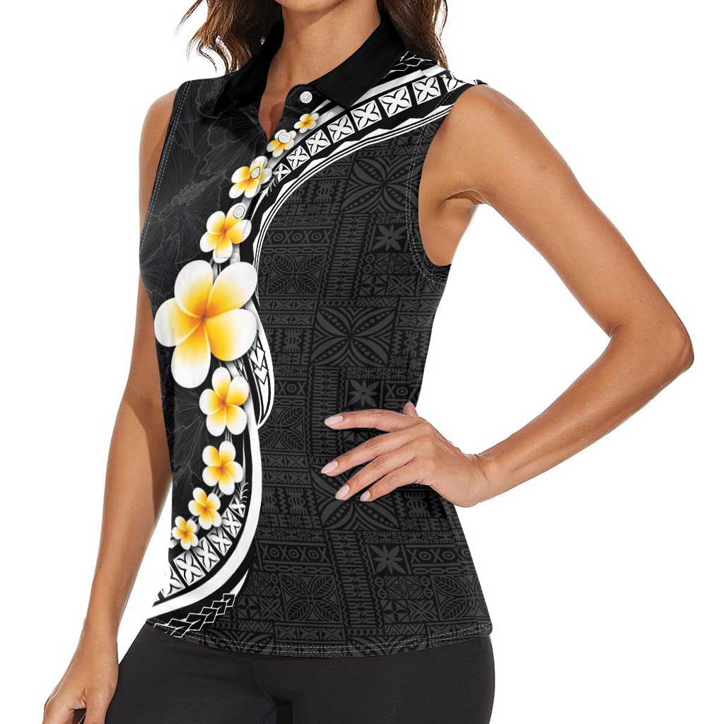 Pacific Hibiscus and Plumeria with Tapa Pattern Women Sleeveless Polo Shirt Black Color