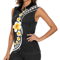 Pacific Hibiscus and Plumeria with Tapa Pattern Women Sleeveless Polo Shirt Black Color