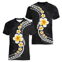 Pacific Hibiscus and Plumeria with Tapa Pattern Women V-Neck T-Shirt Black Color