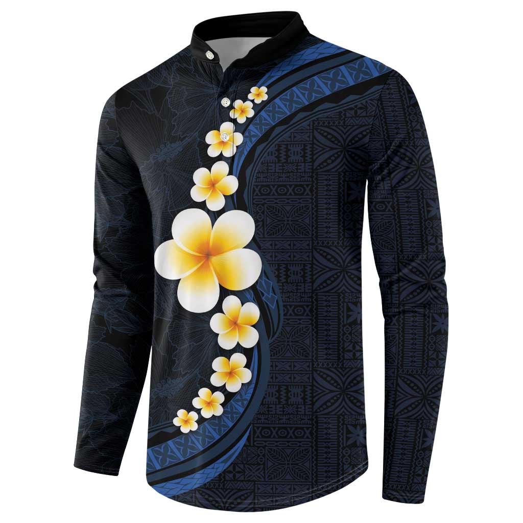 Pacific Hibiscus and Plumeria with Tapa Pattern Button Sweatshirt Dark Blue Color