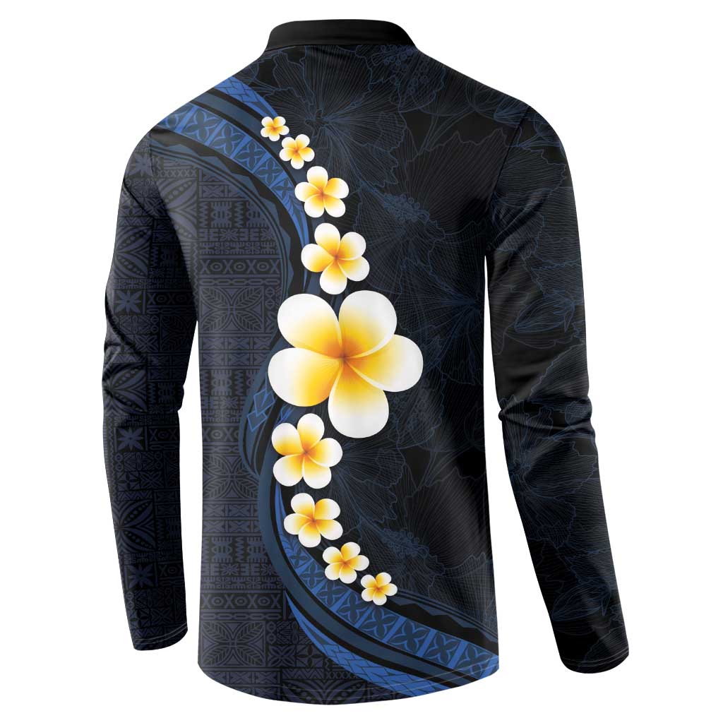 Pacific Hibiscus and Plumeria with Tapa Pattern Button Sweatshirt Dark Blue Color