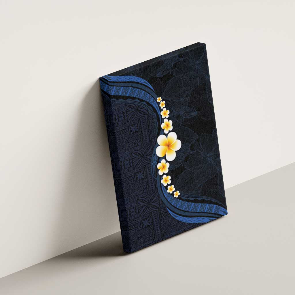 Pacific Hibiscus and Plumeria with Tapa Pattern Canvas Wall Art Dark Blue Color