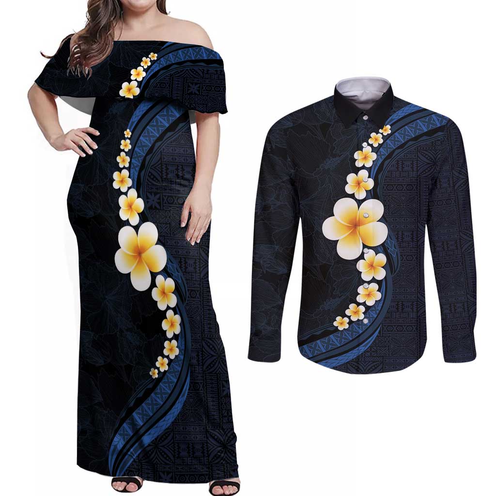 Pacific Hibiscus and Plumeria with Tapa Pattern Couples Matching Off Shoulder Maxi Dress and Long Sleeve Button Shirt Dark Blue Color