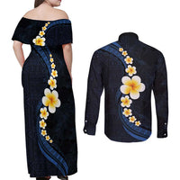 Pacific Hibiscus and Plumeria with Tapa Pattern Couples Matching Off Shoulder Maxi Dress and Long Sleeve Button Shirt Dark Blue Color