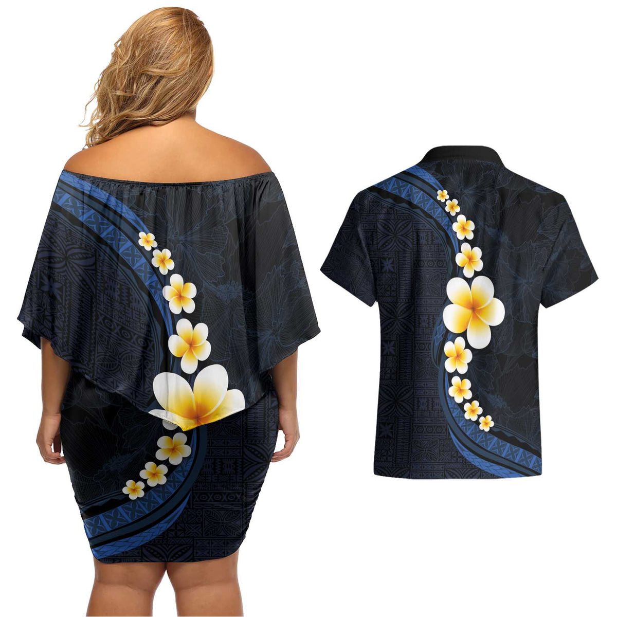 Pacific Hibiscus and Plumeria with Tapa Pattern Couples Matching Off Shoulder Short Dress and Hawaiian Shirt Dark Blue Color