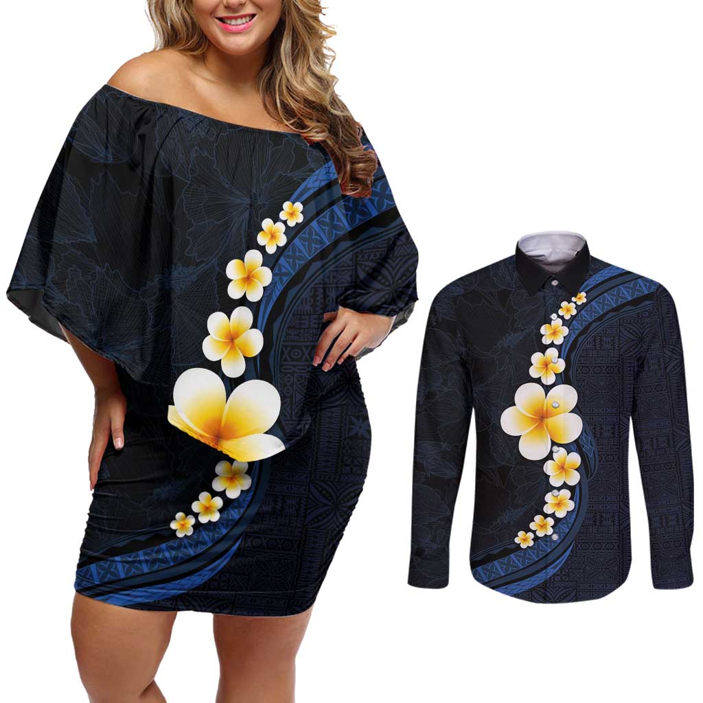 Pacific Hibiscus and Plumeria with Tapa Pattern Couples Matching Off Shoulder Short Dress and Long Sleeve Button Shirt Dark Blue Color