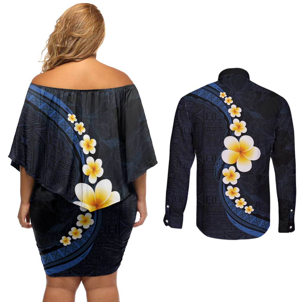 Pacific Hibiscus and Plumeria with Tapa Pattern Couples Matching Off Shoulder Short Dress and Long Sleeve Button Shirt Dark Blue Color