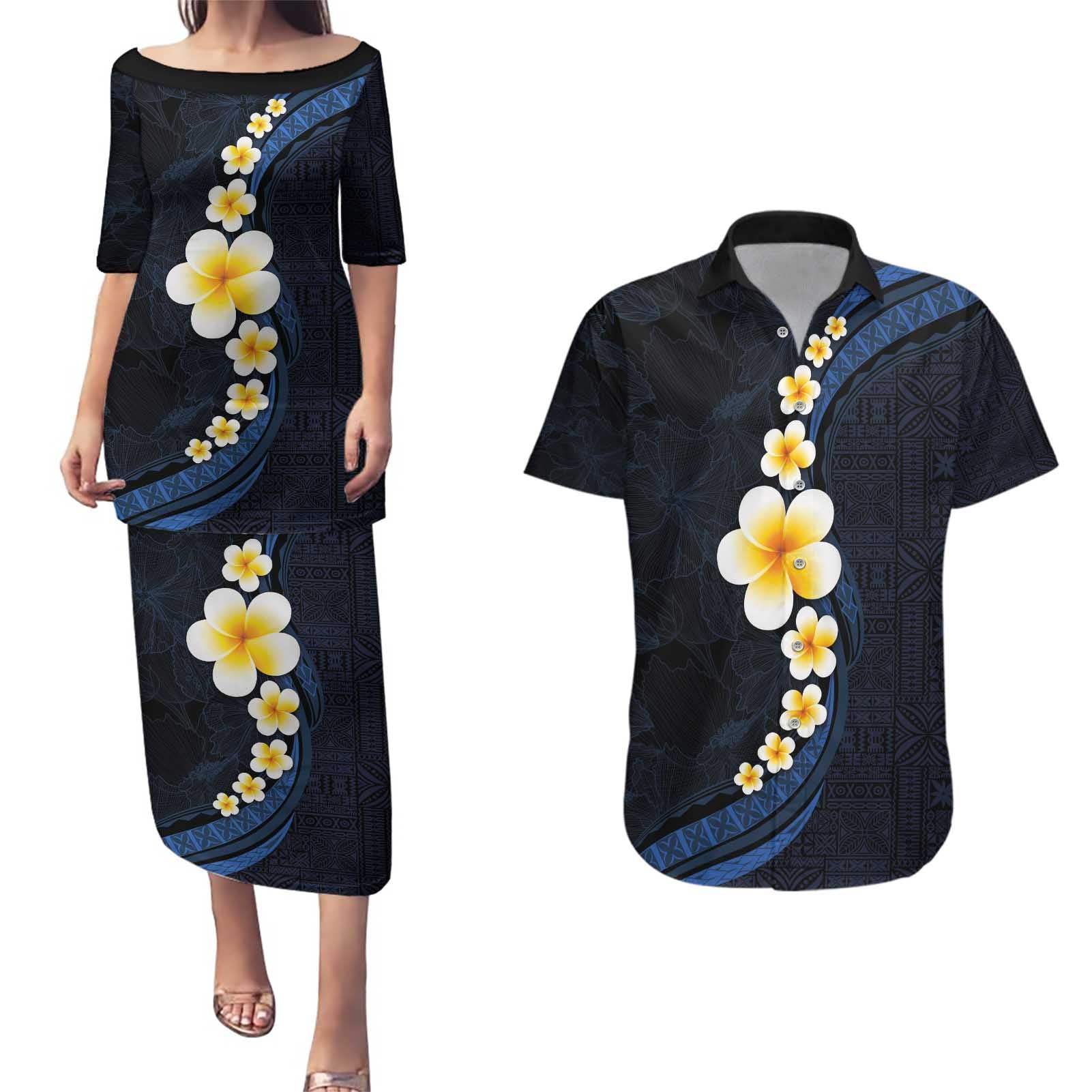 Pacific Hibiscus and Plumeria with Tapa Pattern Couples Matching Puletasi and Hawaiian Shirt Dark Blue Color