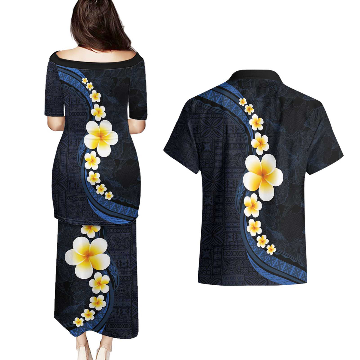 Pacific Hibiscus and Plumeria with Tapa Pattern Couples Matching Puletasi and Hawaiian Shirt Dark Blue Color