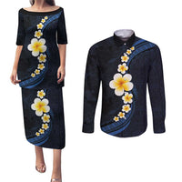 Pacific Hibiscus and Plumeria with Tapa Pattern Couples Matching Puletasi and Long Sleeve Button Shirt Dark Blue Color