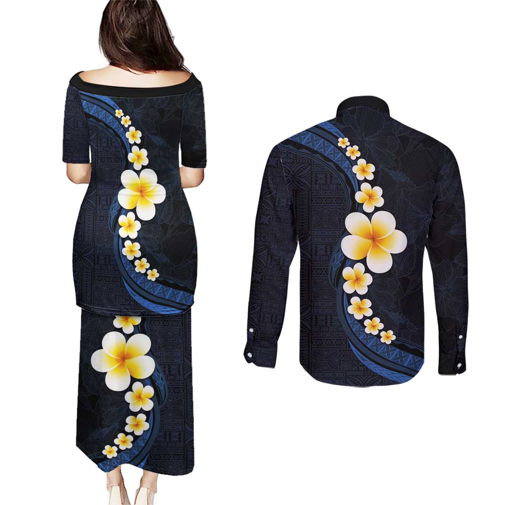 Pacific Hibiscus and Plumeria with Tapa Pattern Couples Matching Puletasi and Long Sleeve Button Shirt Dark Blue Color
