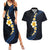 Pacific Hibiscus and Plumeria with Tapa Pattern Couples Matching Summer Maxi Dress and Hawaiian Shirt Dark Blue Color