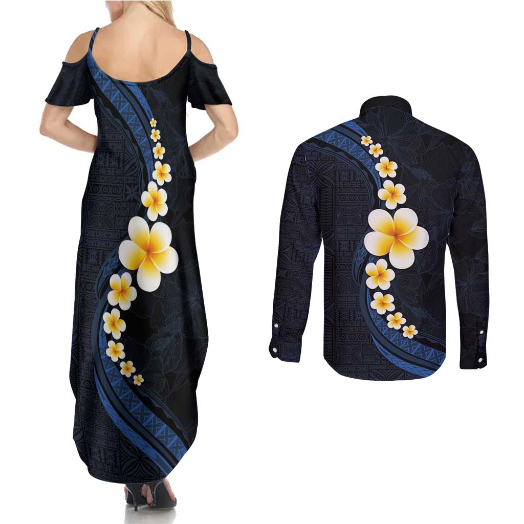 Pacific Hibiscus and Plumeria with Tapa Pattern Couples Matching Summer Maxi Dress and Long Sleeve Button Shirt Dark Blue Color