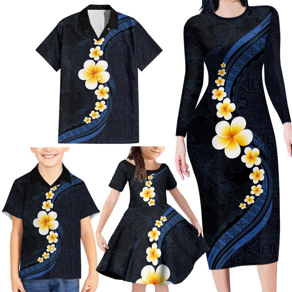 Pacific Hibiscus and Plumeria with Tapa Pattern Family Matching Long Sleeve Bodycon Dress and Hawaiian Shirt Dark Blue Color LT03 - Polynesian Pride