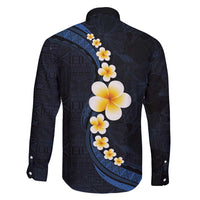 Pacific Hibiscus and Plumeria with Tapa Pattern Family Matching Long Sleeve Bodycon Dress and Hawaiian Shirt Dark Blue Color LT03 - Polynesian Pride
