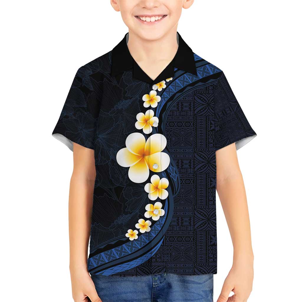 Pacific Hibiscus and Plumeria with Tapa Pattern Family Matching Long Sleeve Bodycon Dress and Hawaiian Shirt Dark Blue Color LT03 Son's Shirt Blue - Polynesian Pride