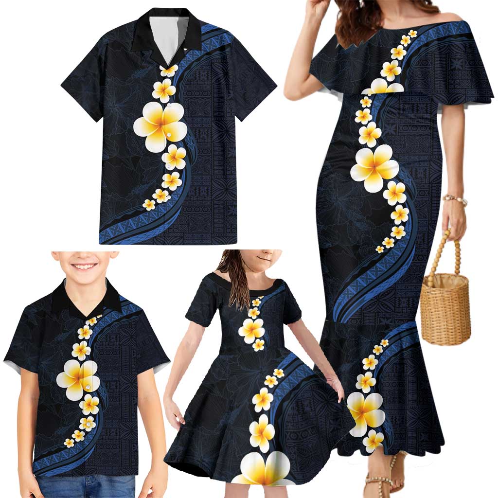 Pacific Hibiscus and Plumeria with Tapa Pattern Family Matching Mermaid Dress and Hawaiian Shirt Dark Blue Color LT03 - Polynesian Pride