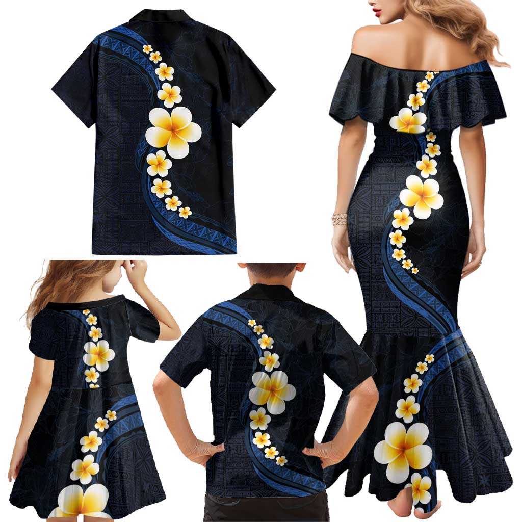 Pacific Hibiscus and Plumeria with Tapa Pattern Family Matching Mermaid Dress and Hawaiian Shirt Dark Blue Color LT03 - Polynesian Pride