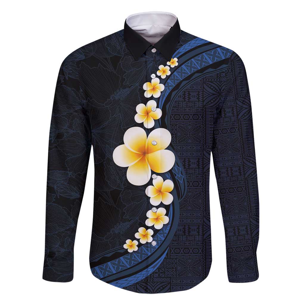 Pacific Hibiscus and Plumeria with Tapa Pattern Family Matching Mermaid Dress and Hawaiian Shirt Dark Blue Color LT03 Dad's Shirt - Long Sleeve Blue - Polynesian Pride