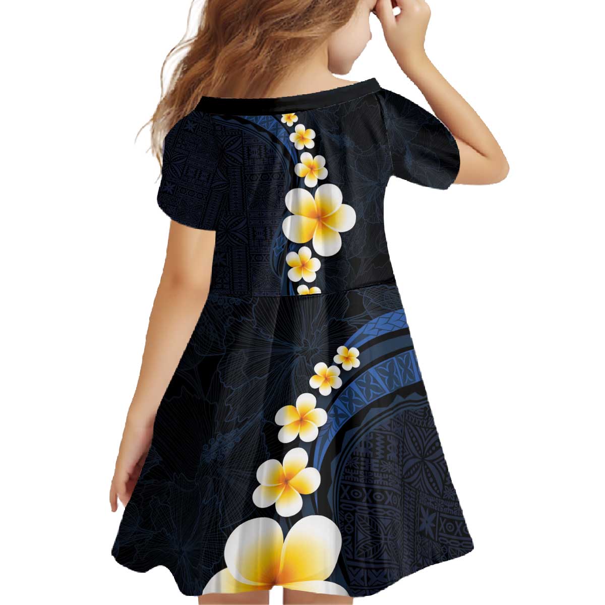 Pacific Hibiscus and Plumeria with Tapa Pattern Family Matching Off The Shoulder Long Sleeve Dress and Hawaiian Shirt Dark Blue Color LT03 - Polynesian Pride