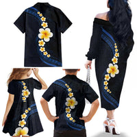 Pacific Hibiscus and Plumeria with Tapa Pattern Family Matching Off The Shoulder Long Sleeve Dress and Hawaiian Shirt Dark Blue Color LT03 - Polynesian Pride