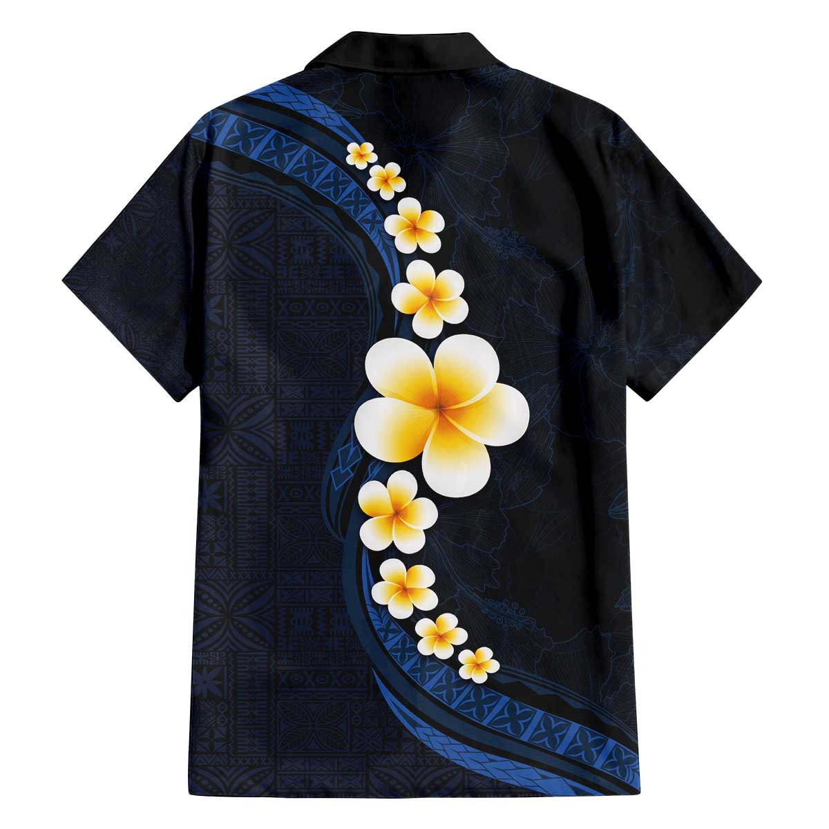 Pacific Hibiscus and Plumeria with Tapa Pattern Family Matching Off The Shoulder Long Sleeve Dress and Hawaiian Shirt Dark Blue Color LT03 - Polynesian Pride