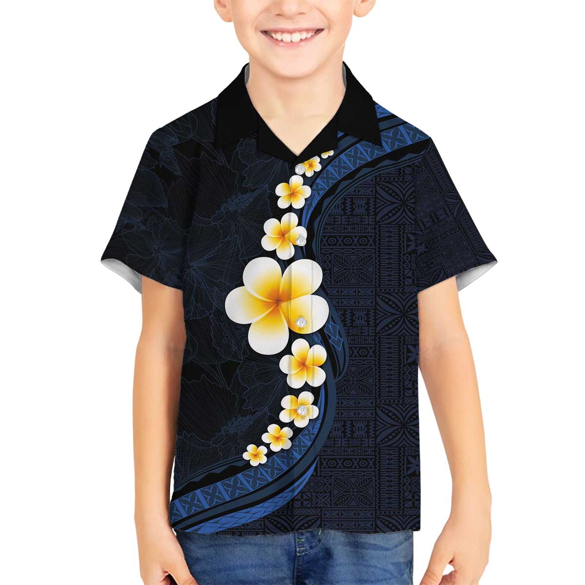 Pacific Hibiscus and Plumeria with Tapa Pattern Family Matching Off The Shoulder Long Sleeve Dress and Hawaiian Shirt Dark Blue Color LT03 Son's Shirt Blue - Polynesian Pride