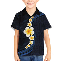 Pacific Hibiscus and Plumeria with Tapa Pattern Family Matching Off The Shoulder Long Sleeve Dress and Hawaiian Shirt Dark Blue Color LT03 Son's Shirt Blue - Polynesian Pride