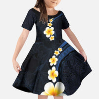 Pacific Hibiscus and Plumeria with Tapa Pattern Family Matching Off Shoulder Maxi Dress and Hawaiian Shirt Dark Blue Color LT03 Daughter's Dress Blue - Polynesian Pride