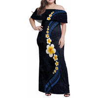 Pacific Hibiscus and Plumeria with Tapa Pattern Family Matching Off Shoulder Maxi Dress and Hawaiian Shirt Dark Blue Color LT03 Mom's Dress Blue - Polynesian Pride