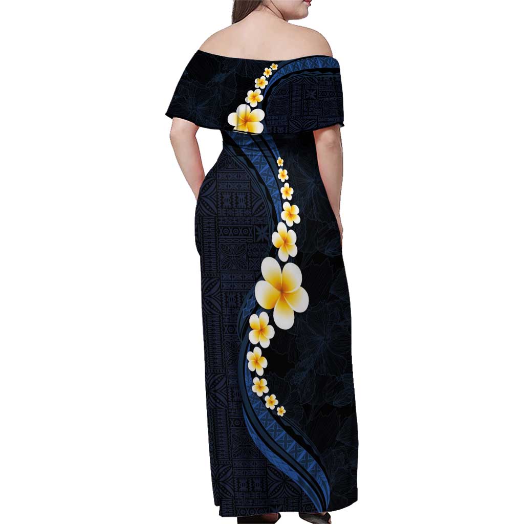 Pacific Hibiscus and Plumeria with Tapa Pattern Family Matching Off Shoulder Maxi Dress and Hawaiian Shirt Dark Blue Color LT03 - Polynesian Pride