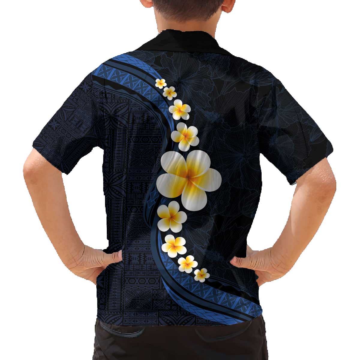 Pacific Hibiscus and Plumeria with Tapa Pattern Family Matching Off Shoulder Short Dress and Hawaiian Shirt Dark Blue Color LT03 - Polynesian Pride