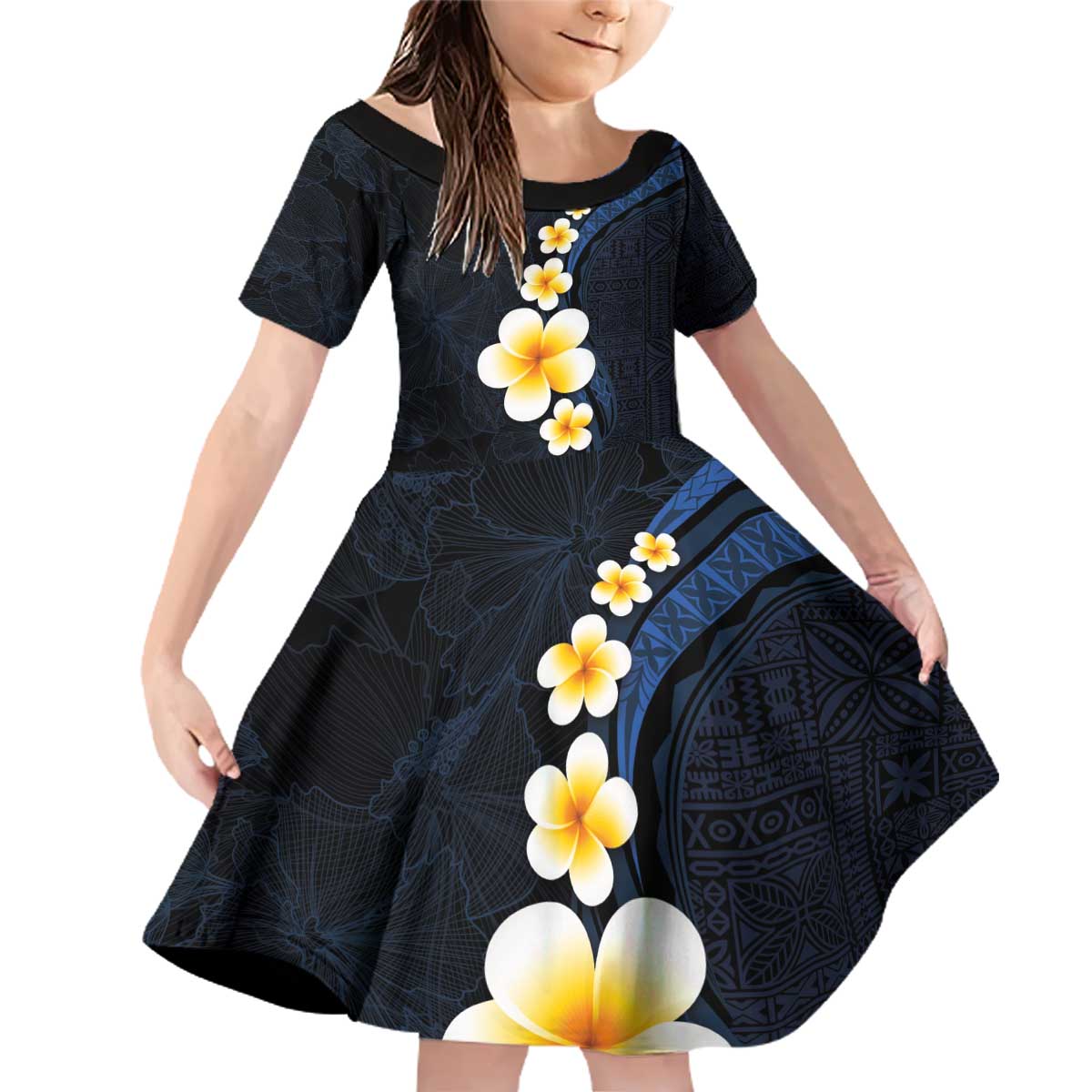 Pacific Hibiscus and Plumeria with Tapa Pattern Family Matching Off Shoulder Short Dress and Hawaiian Shirt Dark Blue Color LT03 Daughter's Dress Blue - Polynesian Pride