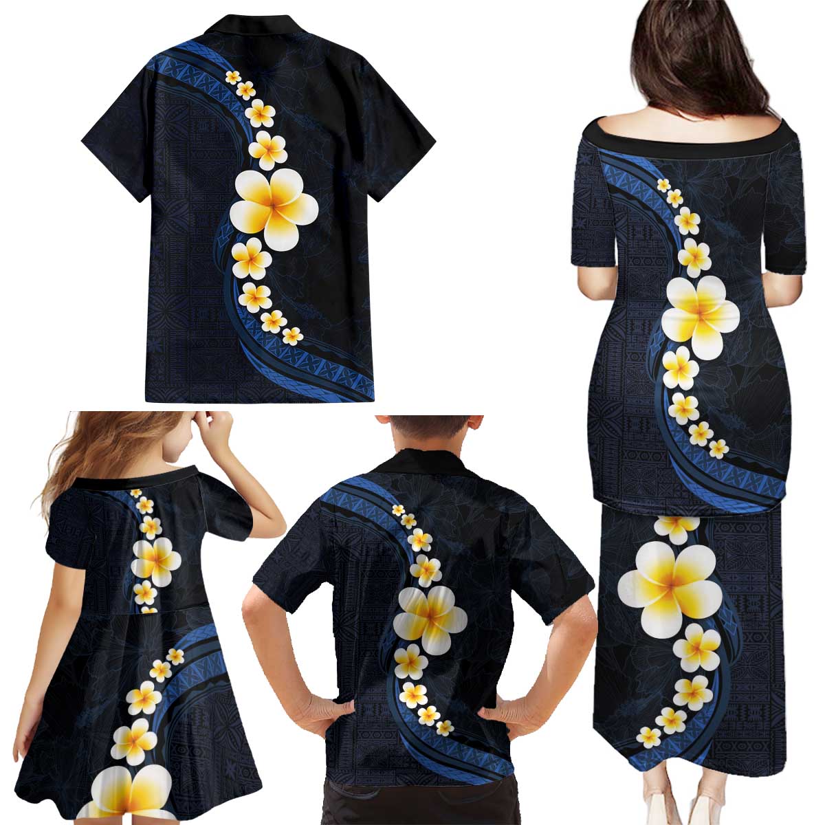 Pacific Hibiscus and Plumeria with Tapa Pattern Family Matching Puletasi and Hawaiian Shirt Dark Blue Color